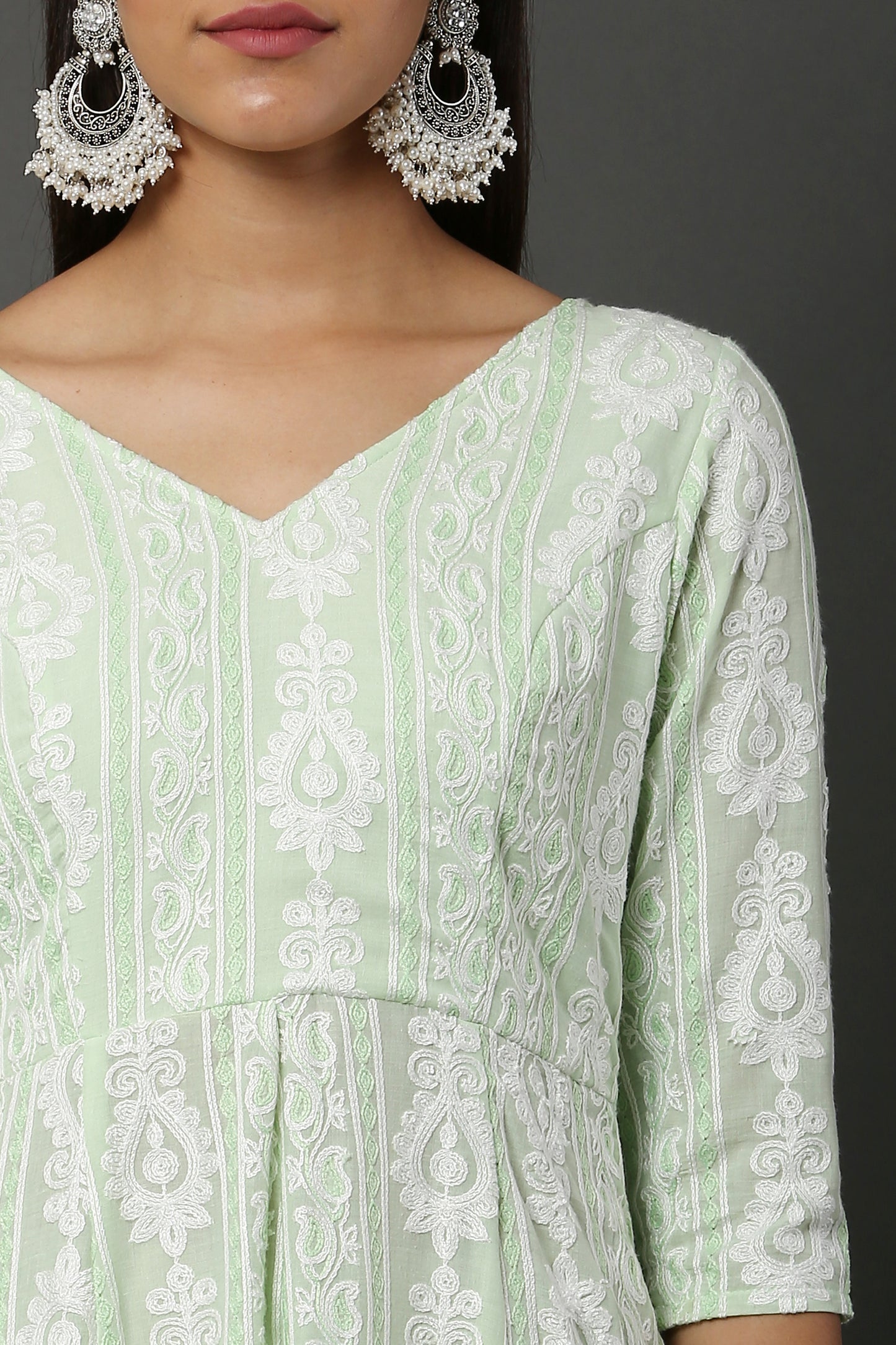 Lime Chain Stitch Embroidered Kurta Set with Dupatta