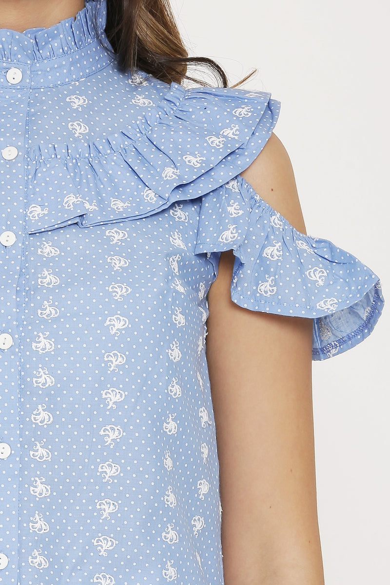 Blue and White Dot Print Top