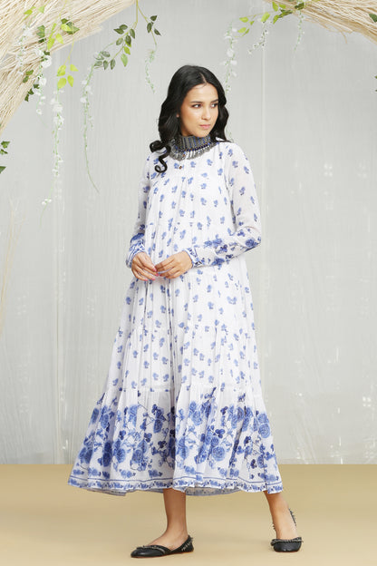 White and Blue Printed Tiered Dress
