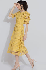Mustard Schiffli Midi Dress For Women - Sewandyou.com