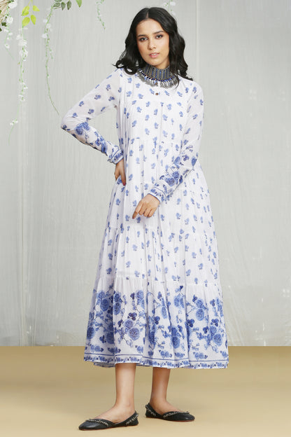 White and Blue Printed Tiered Dress