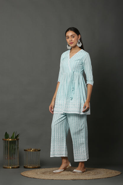 Aqua Short Cotton Chikankari Kurta Set