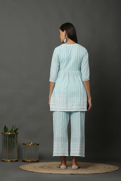 Aqua Short Cotton Chikankari Kurta Set