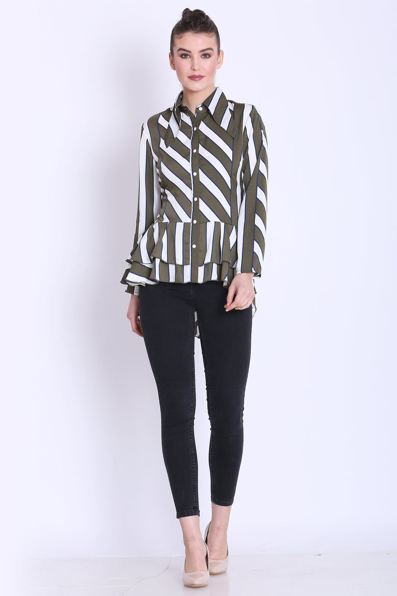 Olive green and White Stripe Long Shirt