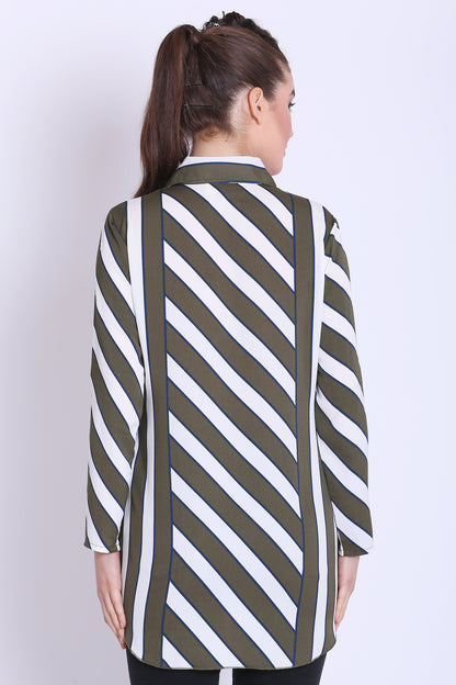 Olive green and White Stripe Long Shirt