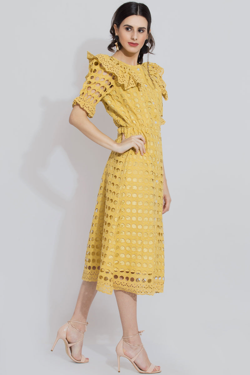Mustard Schiffli Midi Dress For Girls - Sewandyou.com