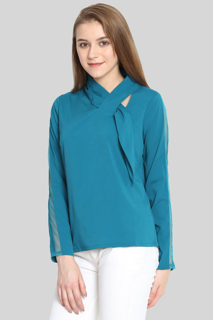 Teal tie Top with mesh sleeves