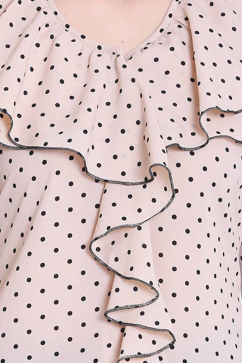 Sewandyou - Beige Polka Dot Print Ruffle Top
