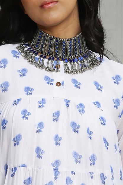 White and Blue Printed Tiered Dress
