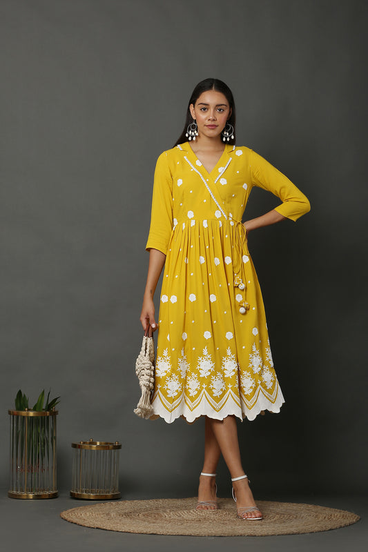 Bright Yellow Embroidered Midi Dress