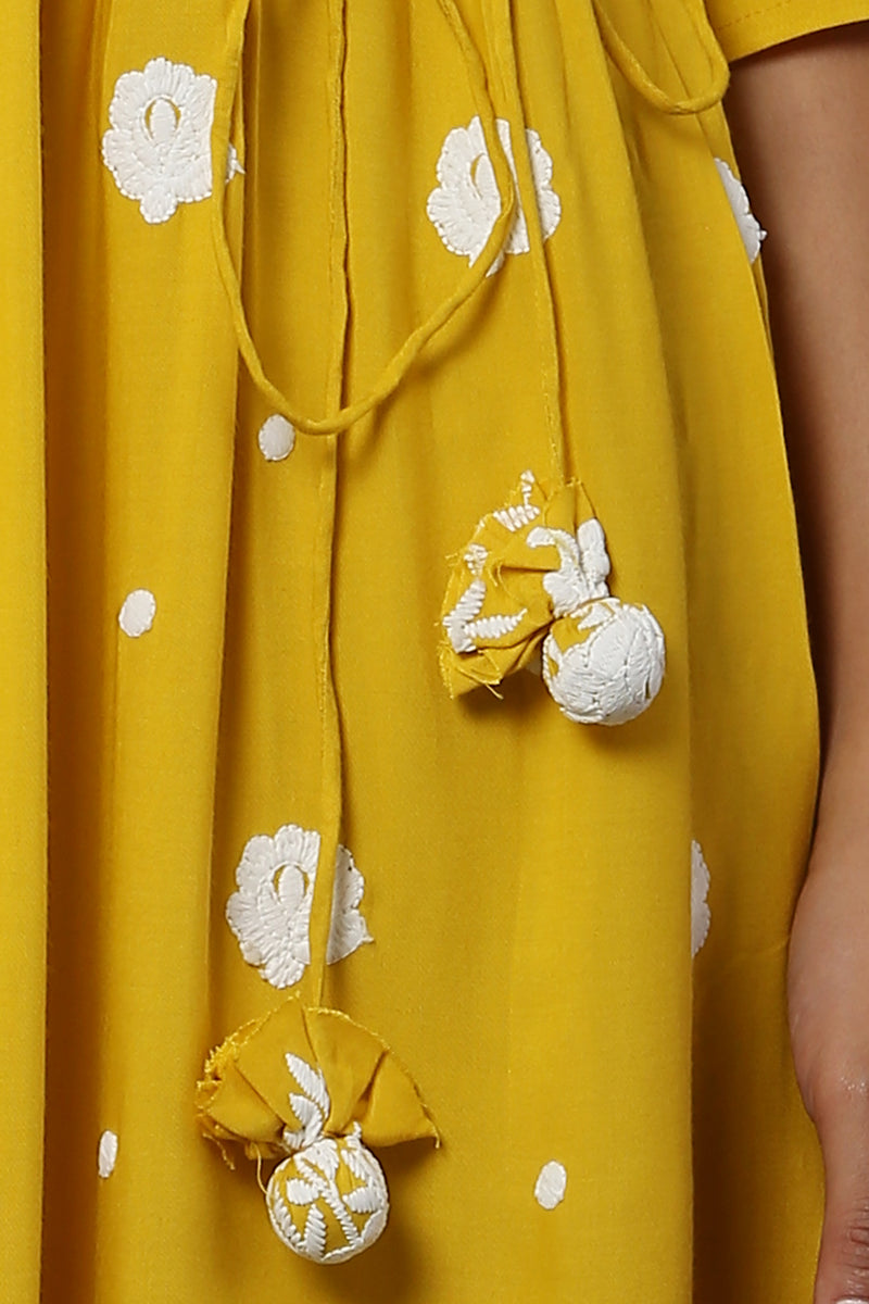 Bright Yellow Embroidered Midi Dress