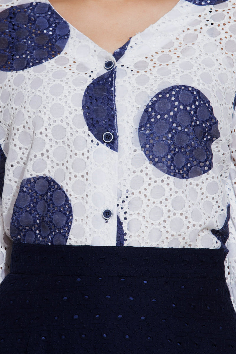 White Polka dot blouse and Navy Embroidered skirt set
