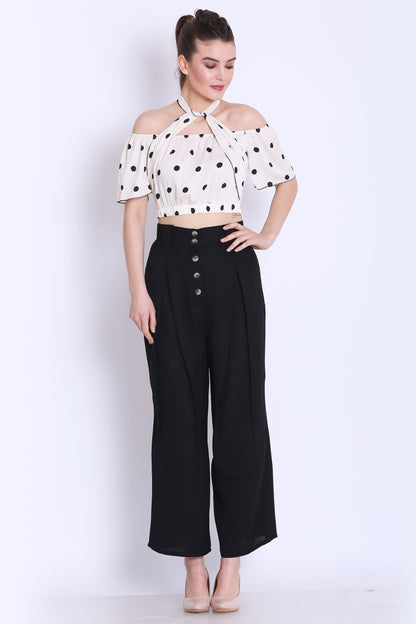 White Polka Crop Top and Black Pants Co ord Set