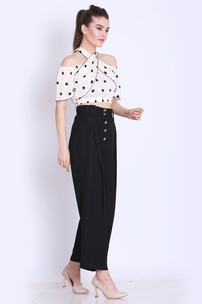 White Polka Crop Top and Black Pants Co ord Set