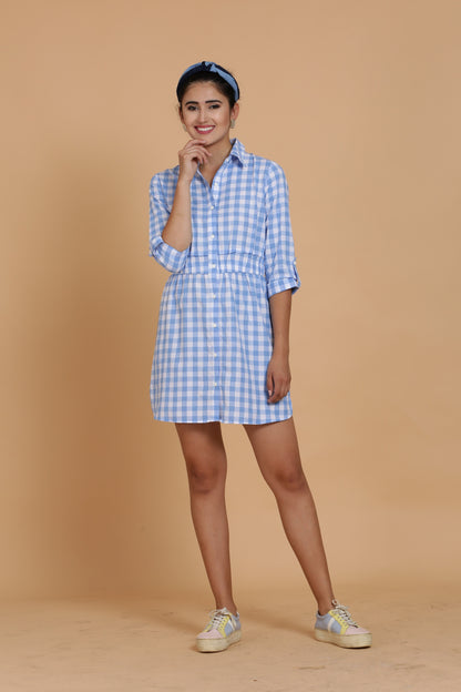 Sky blue and White Checks Short Dress