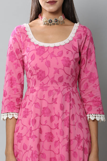 Fuschia Chain Stitch Embroidered Gown and Dupatta Set
