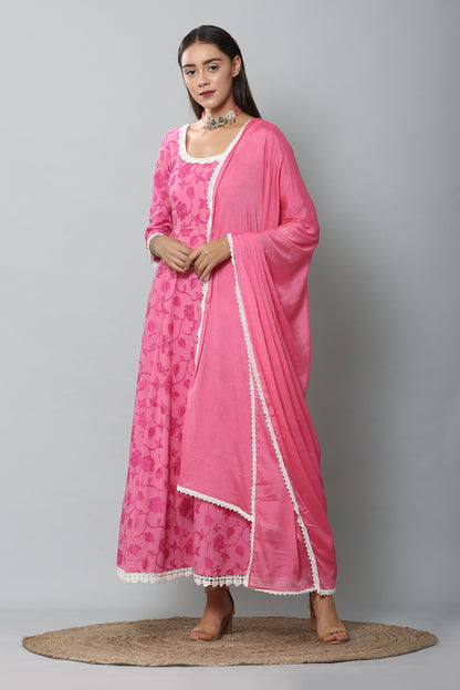 Fuschia Chain Stitch Embroidered Gown and Dupatta Set