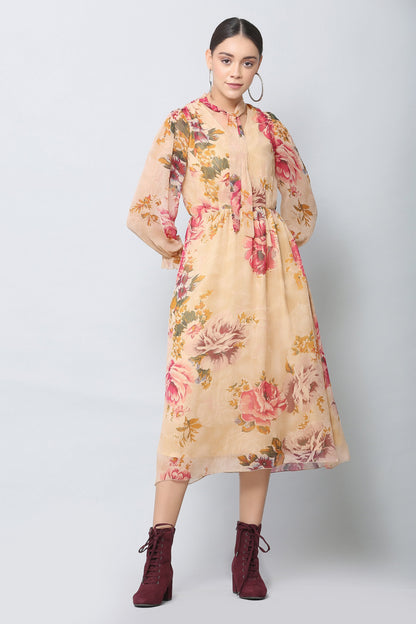 Beige Floral Midi Dress