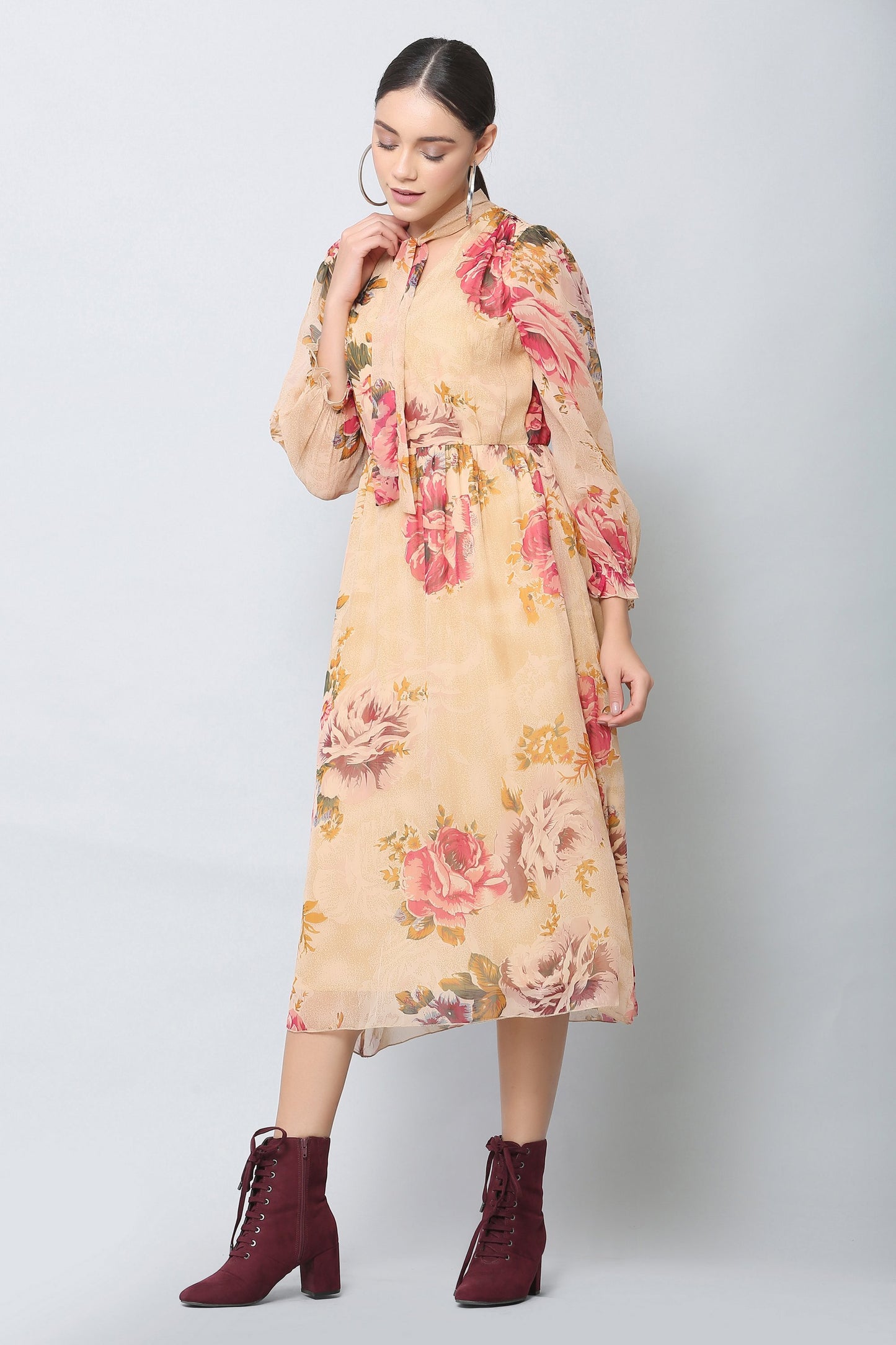 Beige Floral Midi Dress