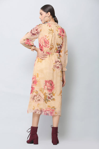 Beige Floral Midi Dress
