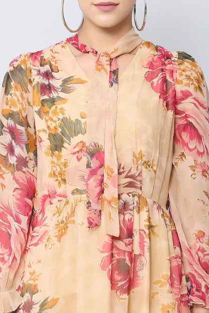 Beige Floral Midi Dress