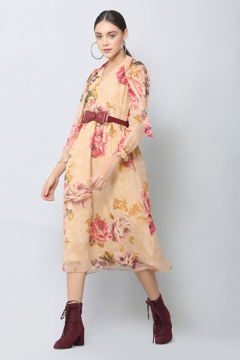 Beige Floral Midi Dress