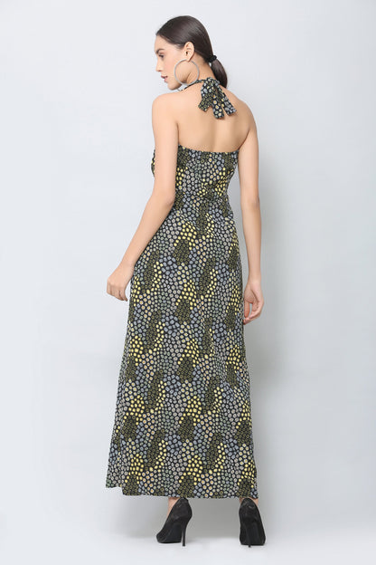 Black Halter Print Maxi Dress