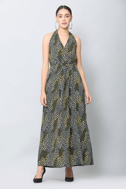 Black Halter Print Maxi Dress