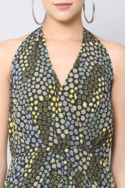 Black Halter Print Maxi Dress