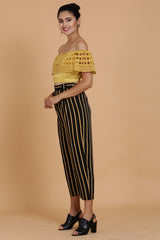 Mustard Crop Top and Black Striped Pants Co-ord Set