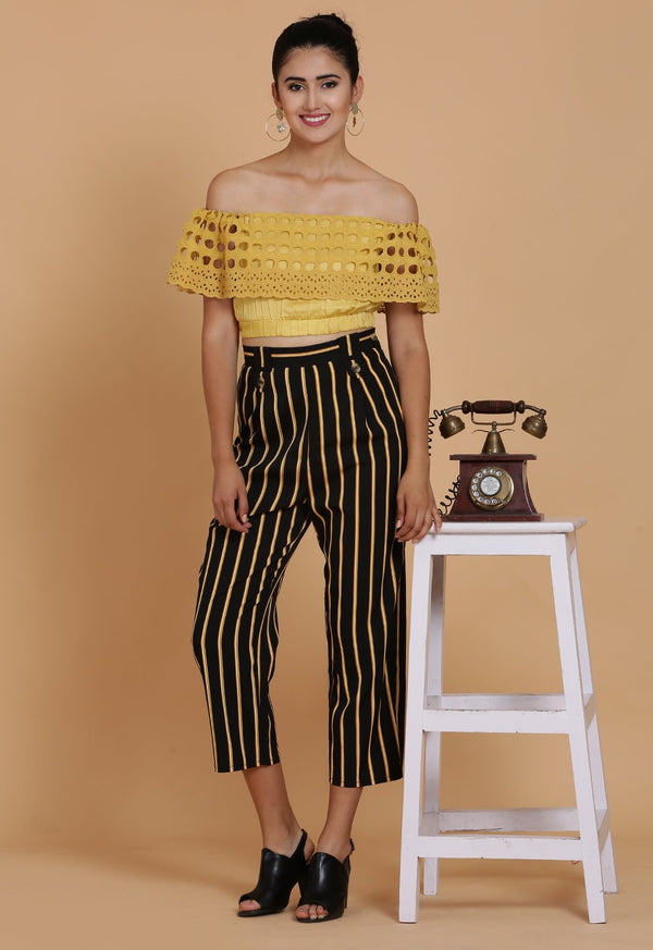 Mustard Crop Top and Black Striped Pants Co-ord Set
