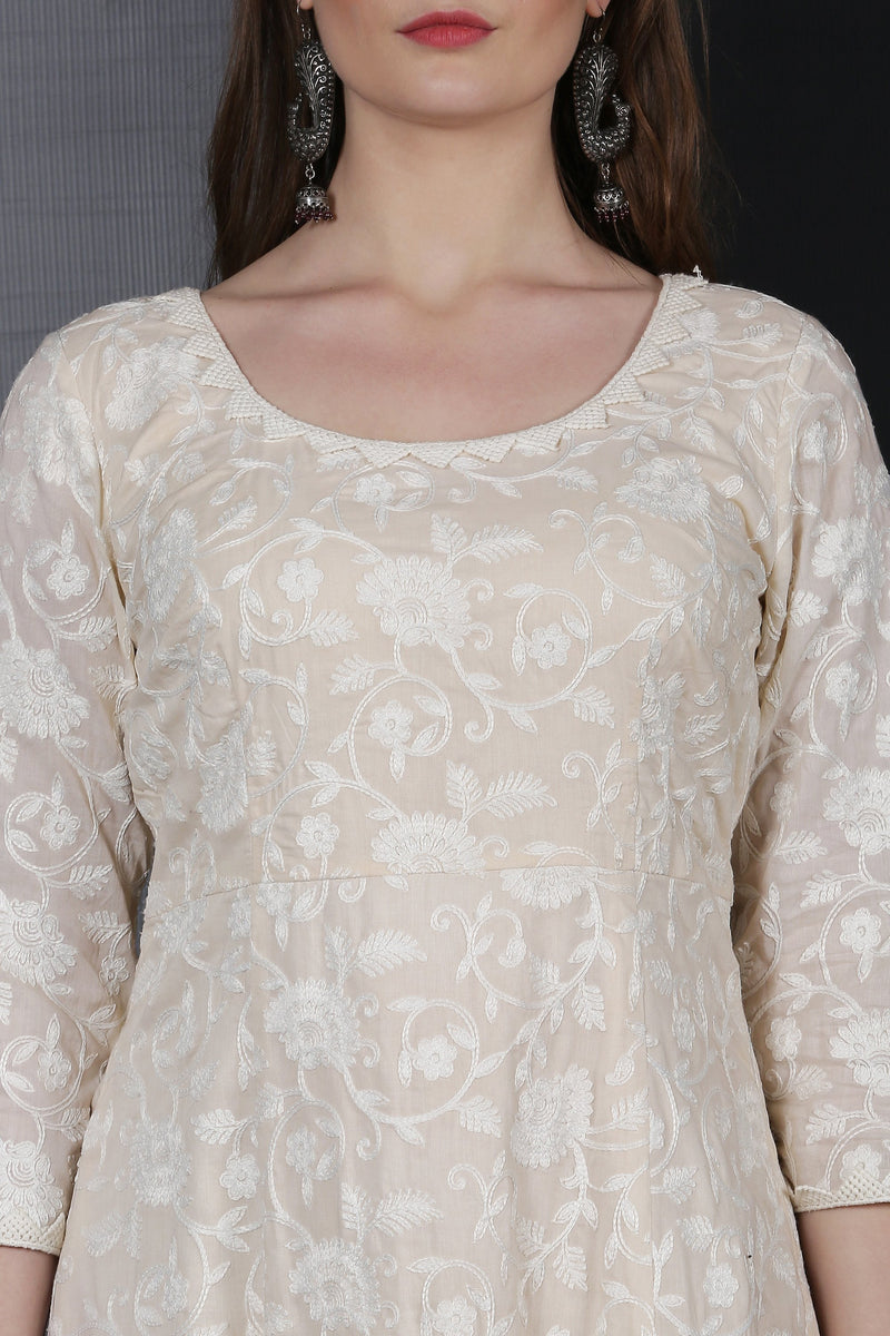 Cream Chain stitch Gown with Dupatta