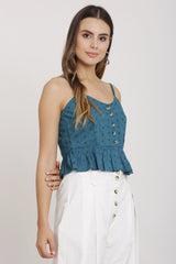 Teal Embroidered Strappy Crop Top