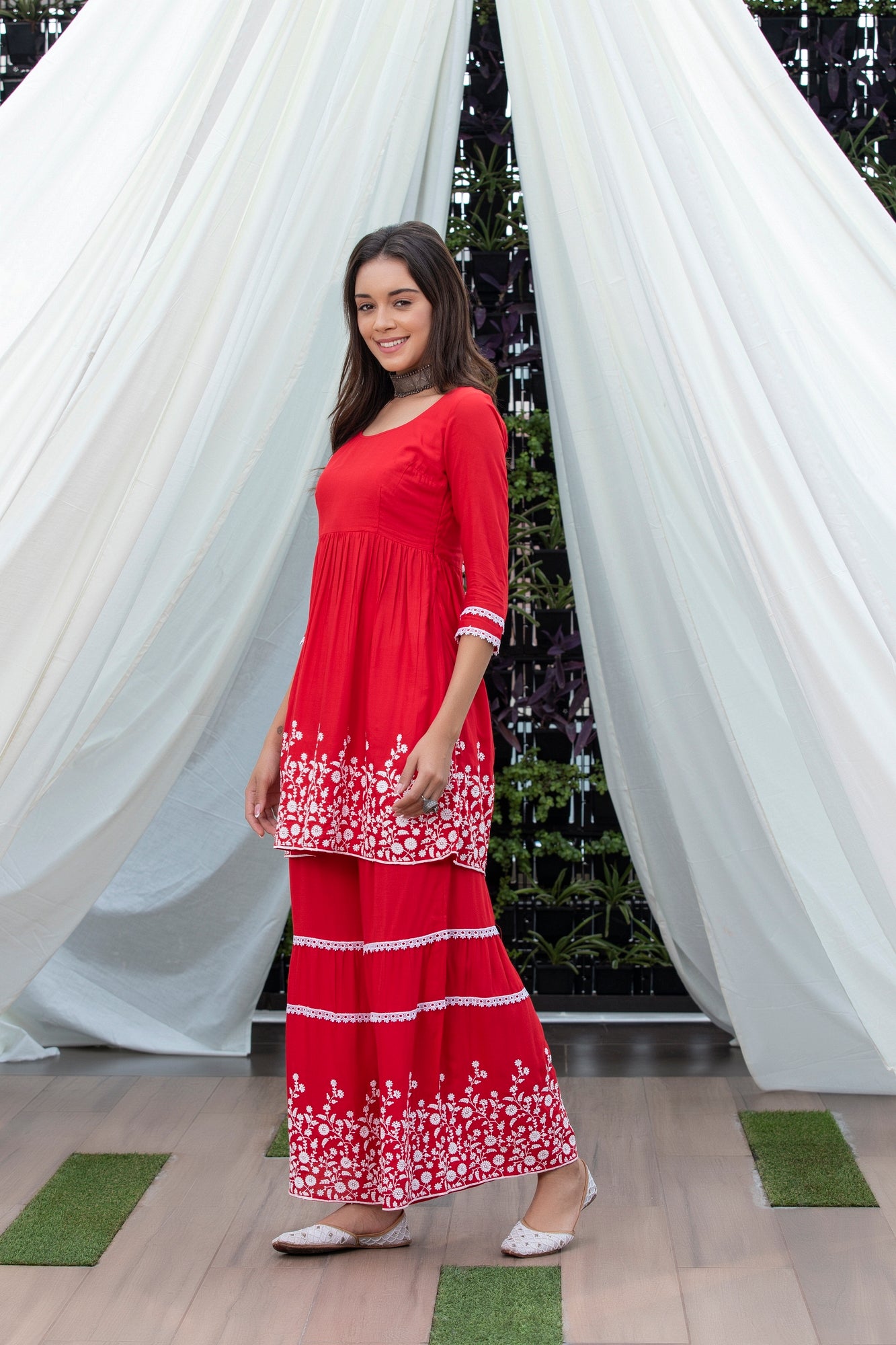 Red Flared Embroidered Kurta Set