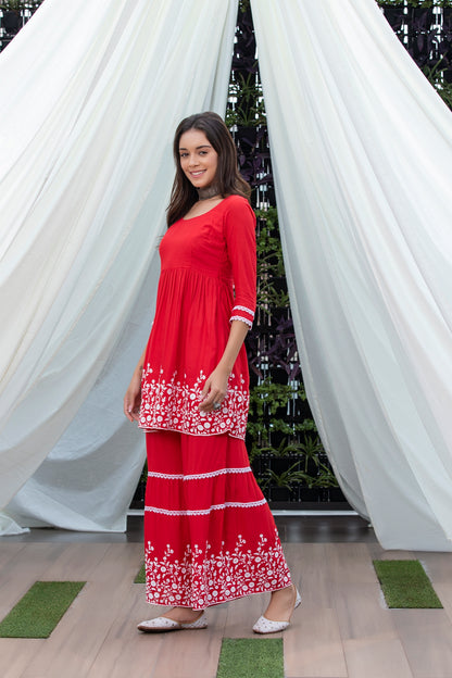 Red Flared Embroidered Kurta Set