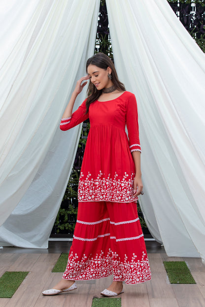 Red Flared Embroidered Kurta Set