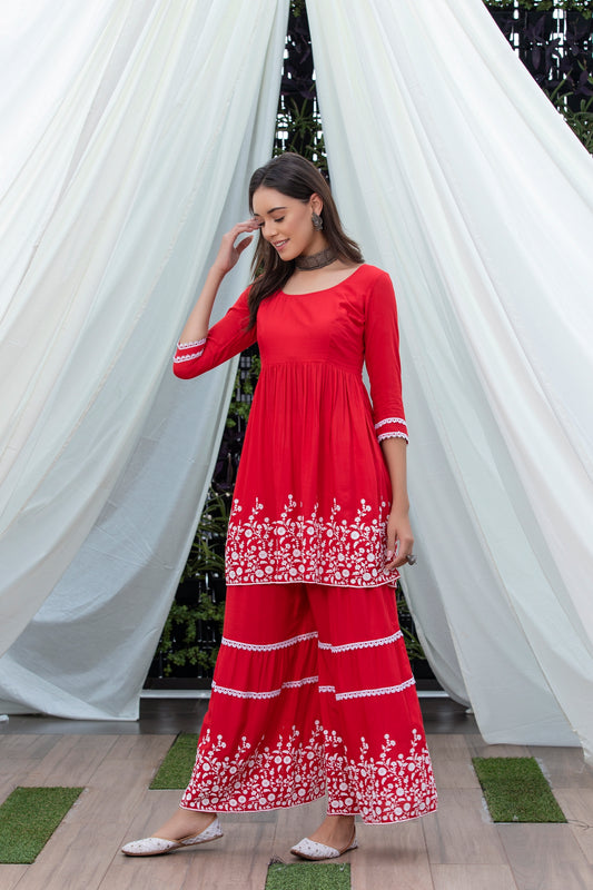 Red Flared Embroidered Kurta Set