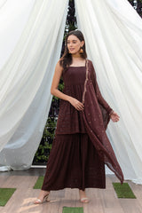 Brown Halter Sequence Embroidered Suit Set