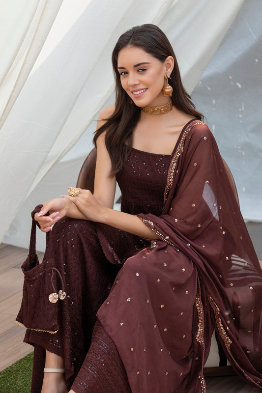 Brown Halter Sequence Embroidered Suit Set