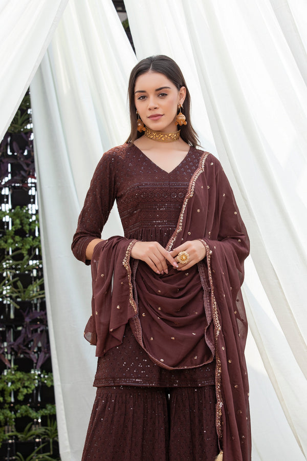 Mocha Sequence Chikankari Embroidered Suit Set