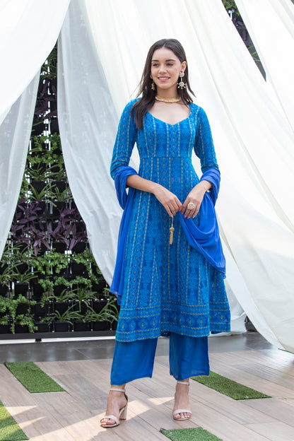 Ocean Blue Jari Embroidered Suit Set