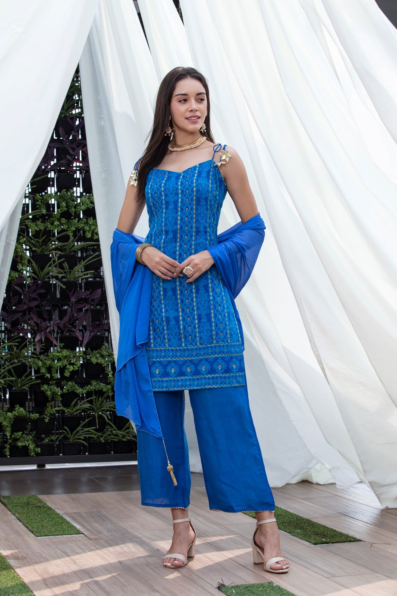 Royal Blue Halter Chikankari Suit Set
