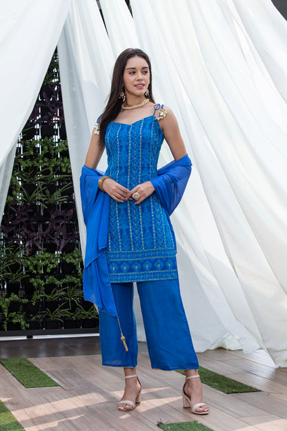Royal Blue Halter Chikankari Suit Set
