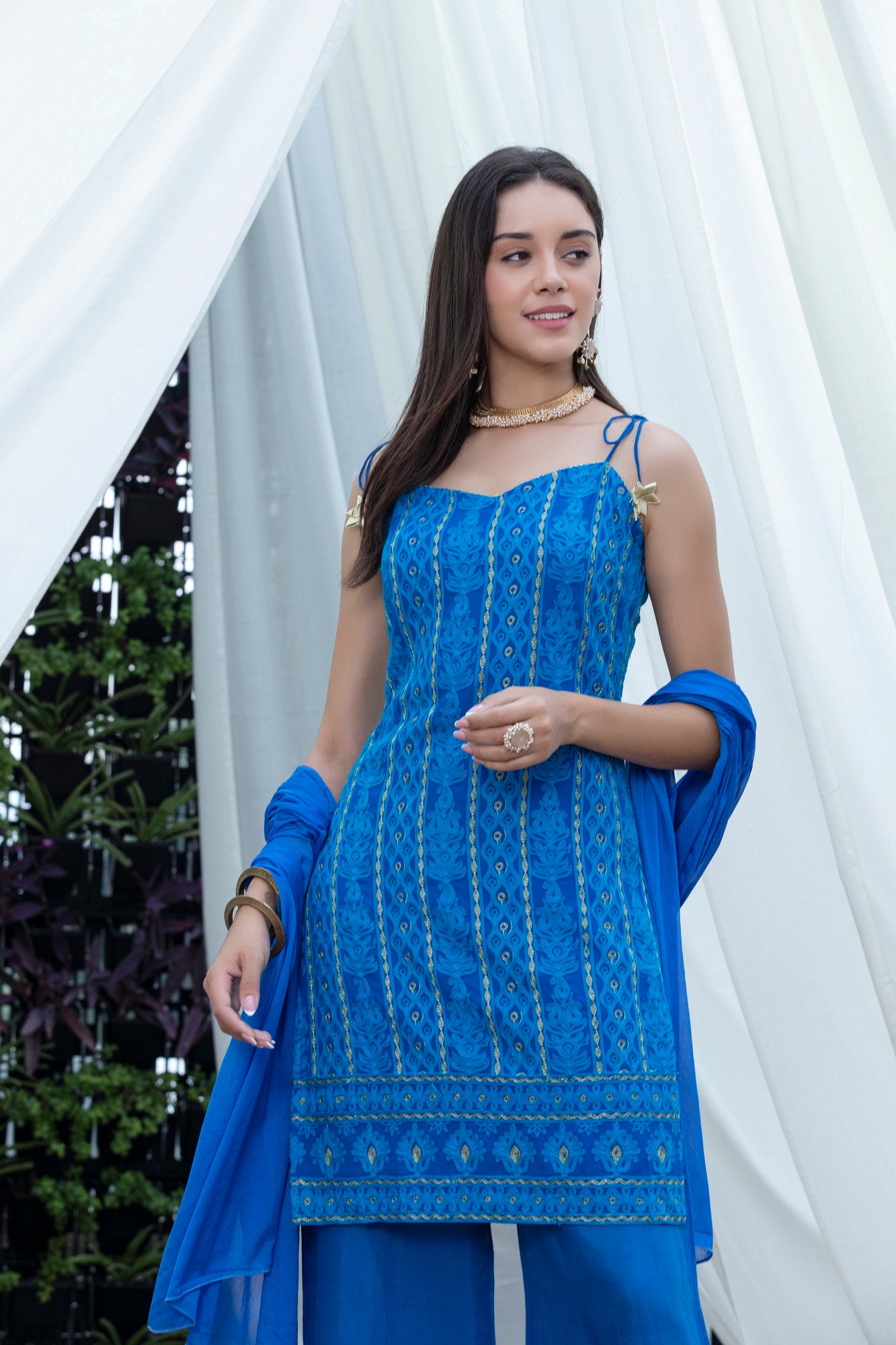 Royal Blue Halter Chikankari Suit Set