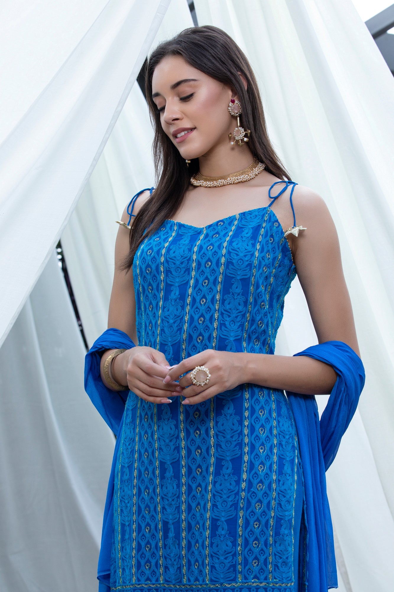 Royal Blue Halter Chikankari Suit Set