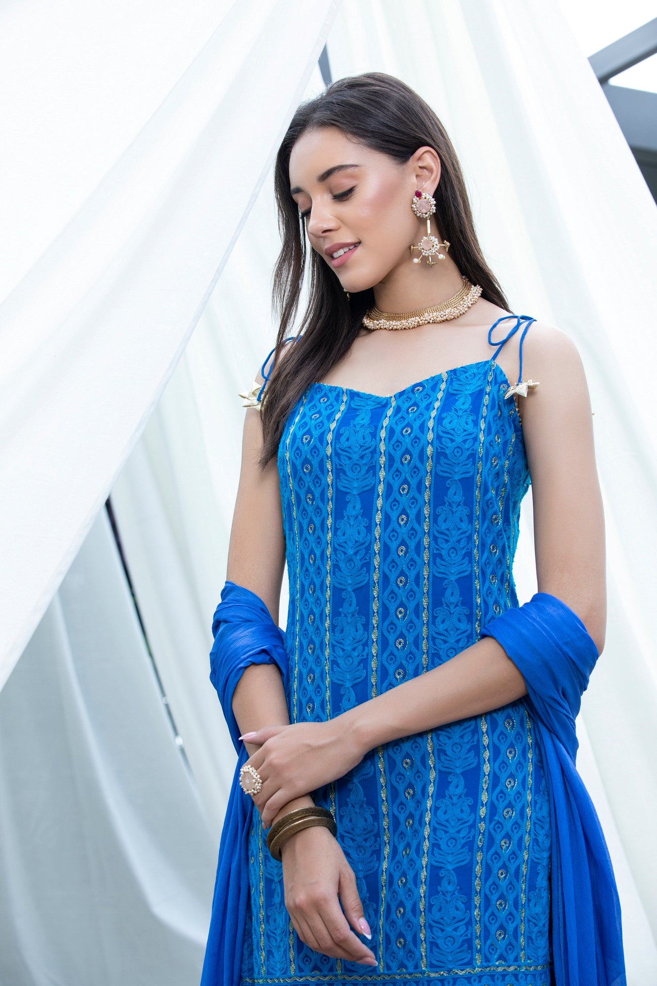 Royal Blue Halter Chikankari Suit Set