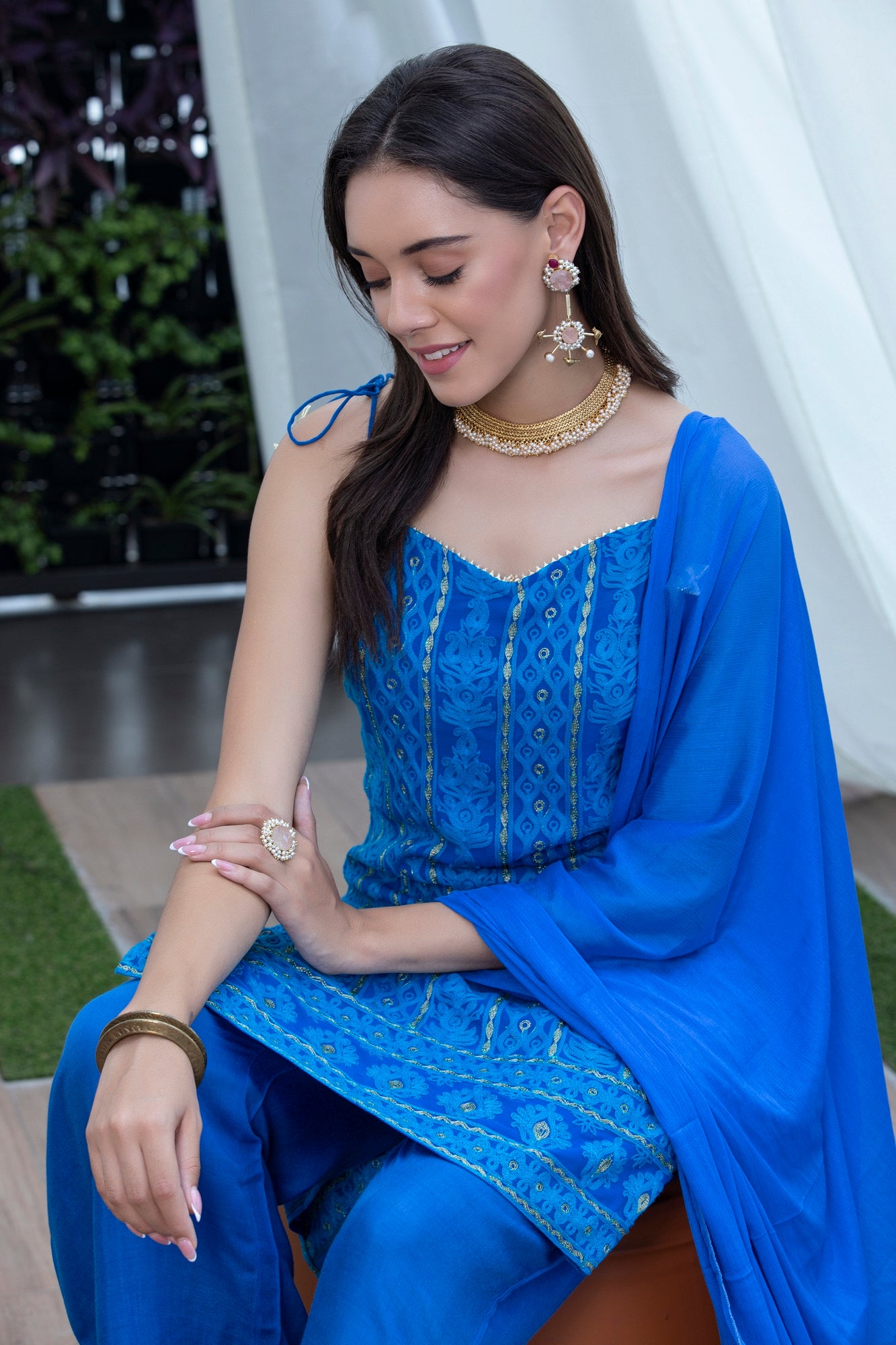 Royal Blue Halter Chikankari Suit Set