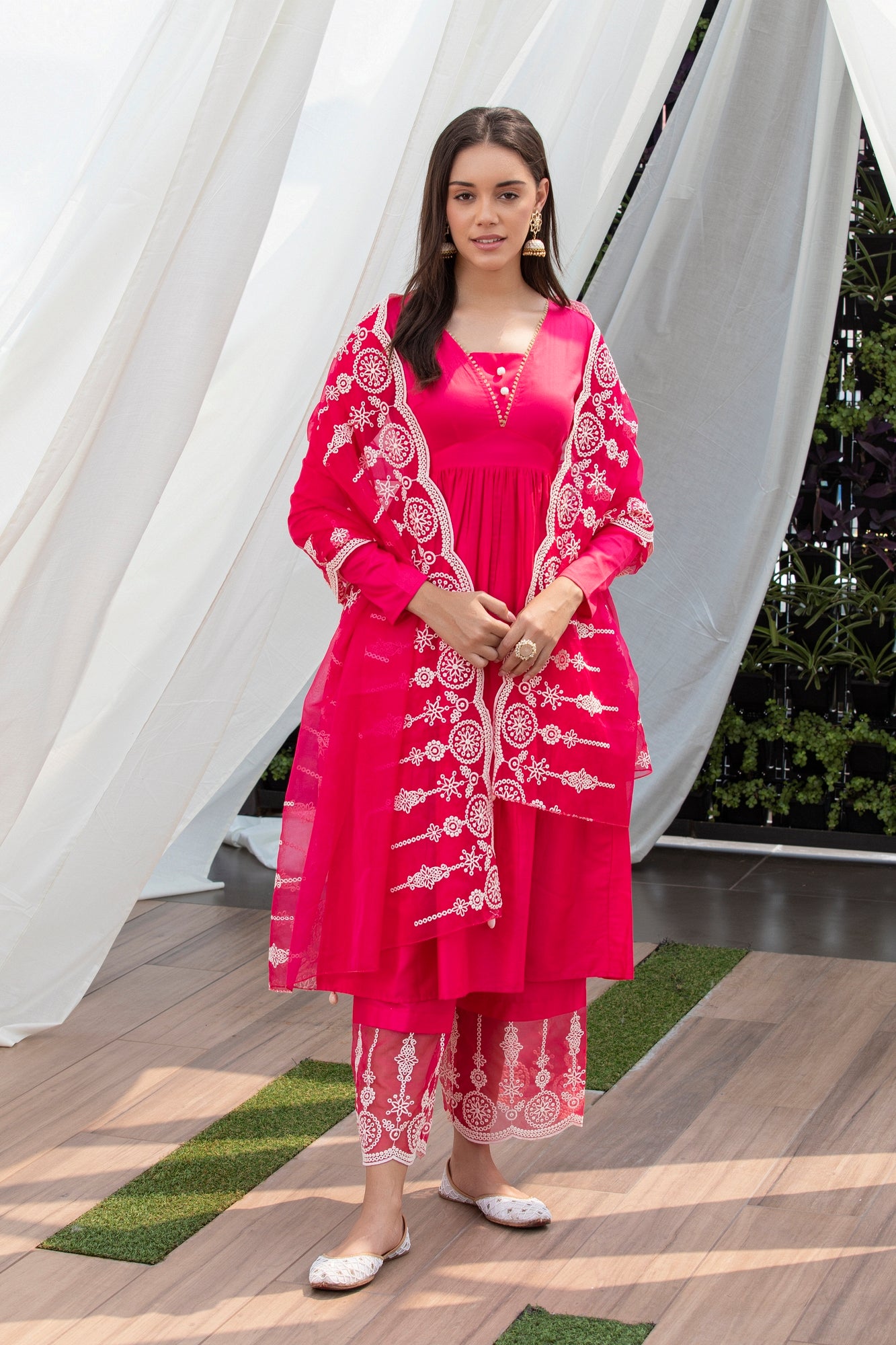 Fuschia Pink Cotton Satin Scallop Embroidered Suit Set