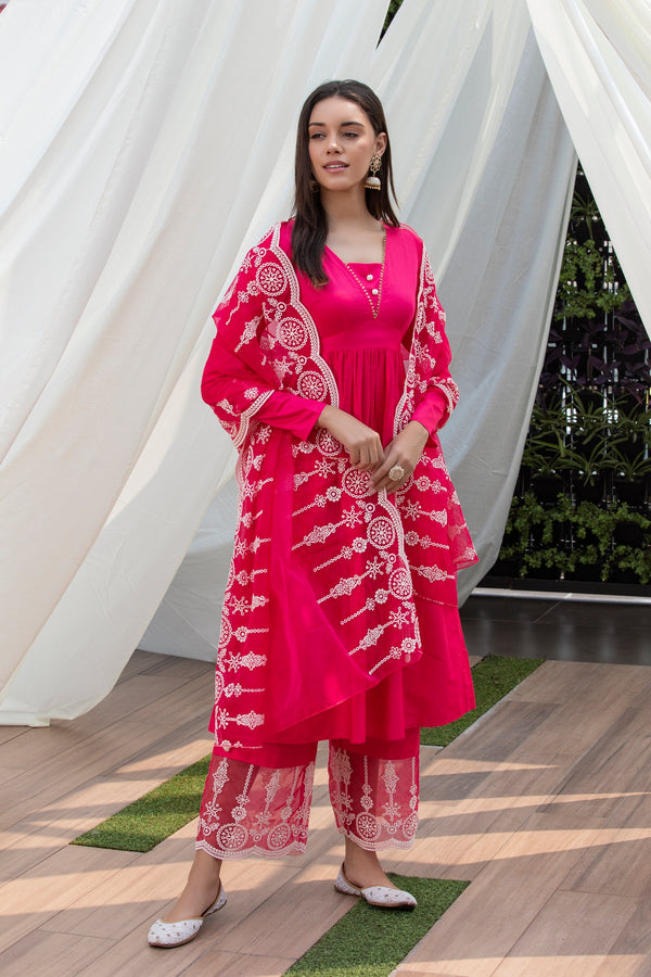 Fuschia Pink Cotton Satin Scallop Embroidered Suit Set