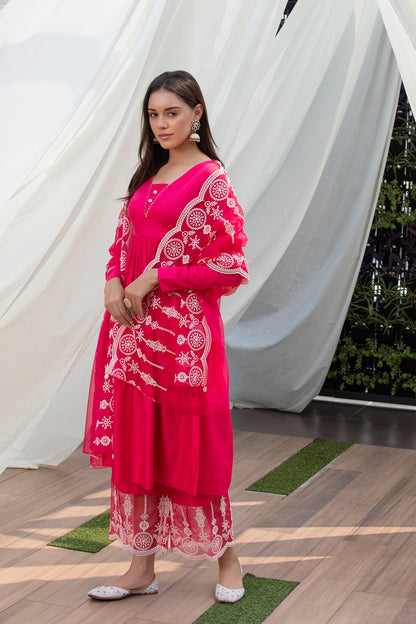Fuschia Pink Cotton Satin Scallop Embroidered Suit Set